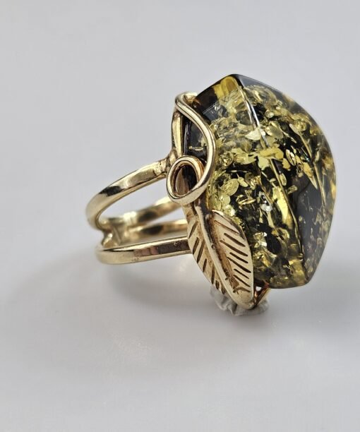 Žalio gintaro žiedas Auksinis žiedas Dovana Jai