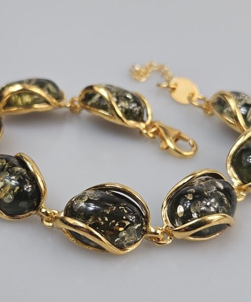 Žalias gintaras gintarinė paauksuoto sidabro apyrankė