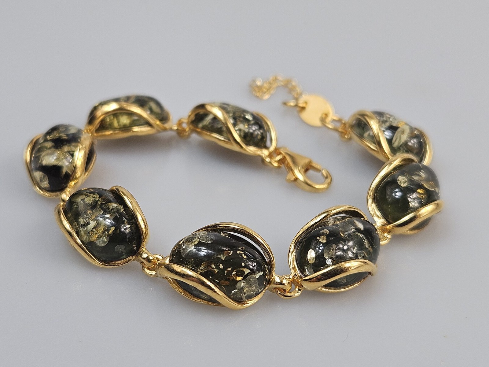 Žalias gintaras gintarinė paauksuoto sidabro apyrankė