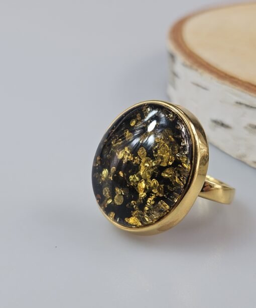 Green amber gold ring with green amber Unique gift for Her
