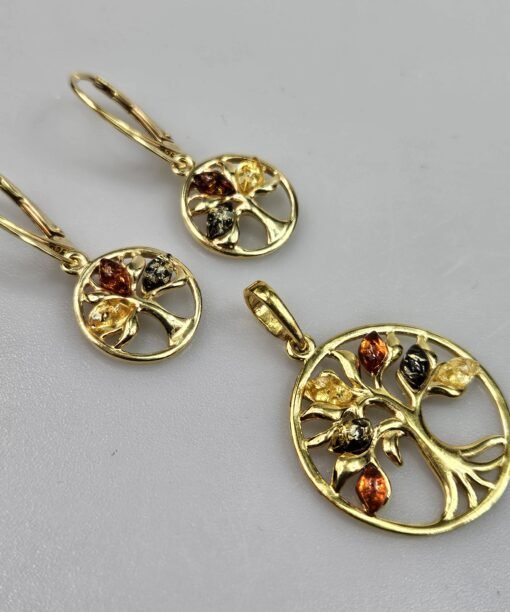 Auksinis rinkinys su gintaru Gyvybės medis dovana valentino dienai