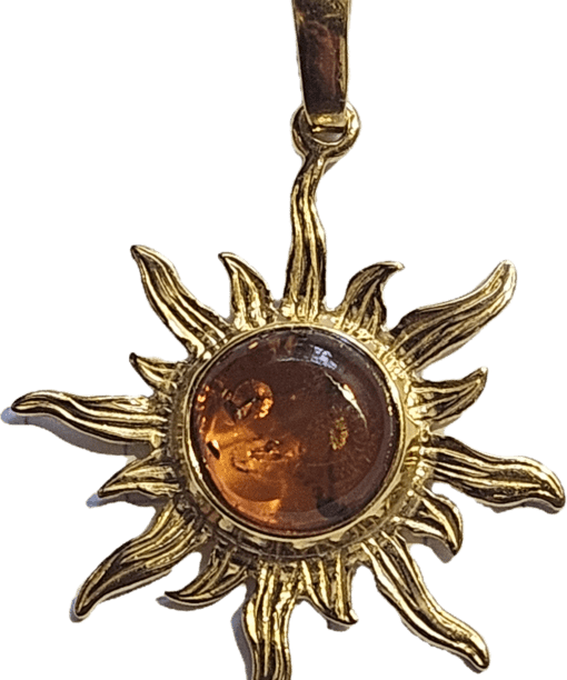 Rudo gintaro pakabukas su auksu Saulytė